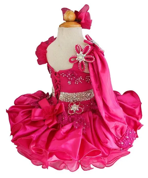 Full Hand made Baby Girl Hot Pink Cupcake Pageant Dress with Headbands