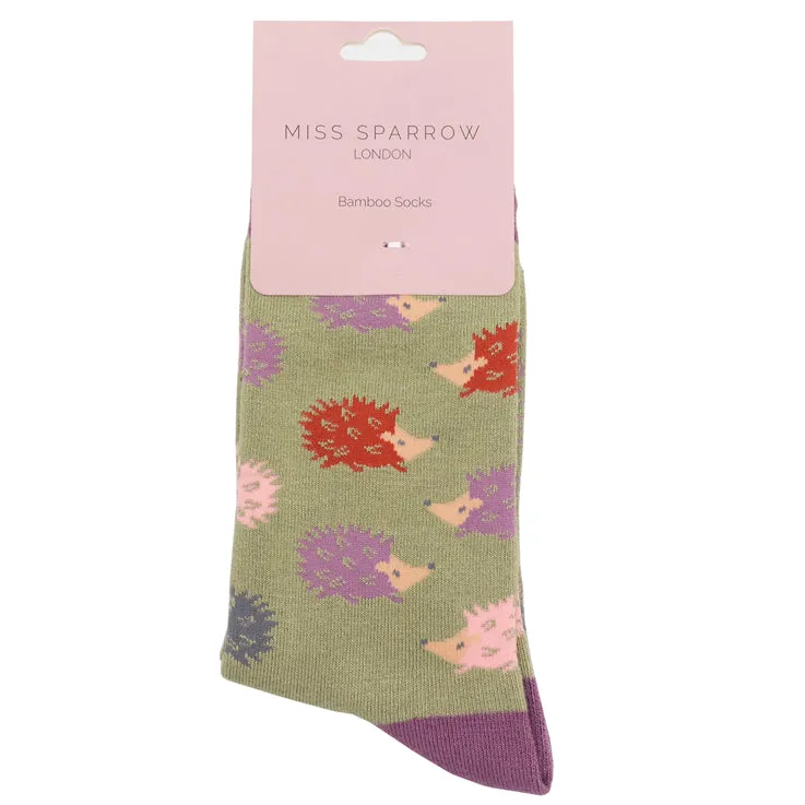Fun Hedgehogs Bamboo Socks in Olive by Miss Sparrow, Size UK 4-7