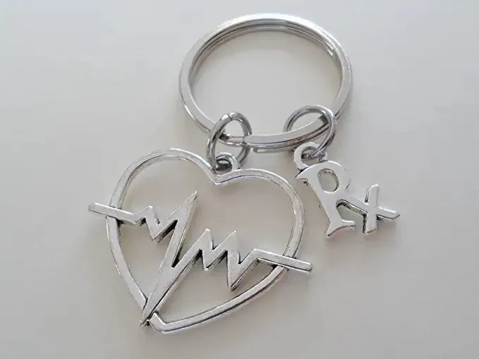 HeartBeat Medical Charm Keychain with Pharmacy Symbol charm; Pharmacy Staff Appreciation, Hospital Employee Thank You Keychain