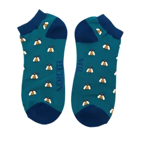 Honey Bees Bamboo Trainer Socks in Teal by Mr Heron, Size UK 7-11