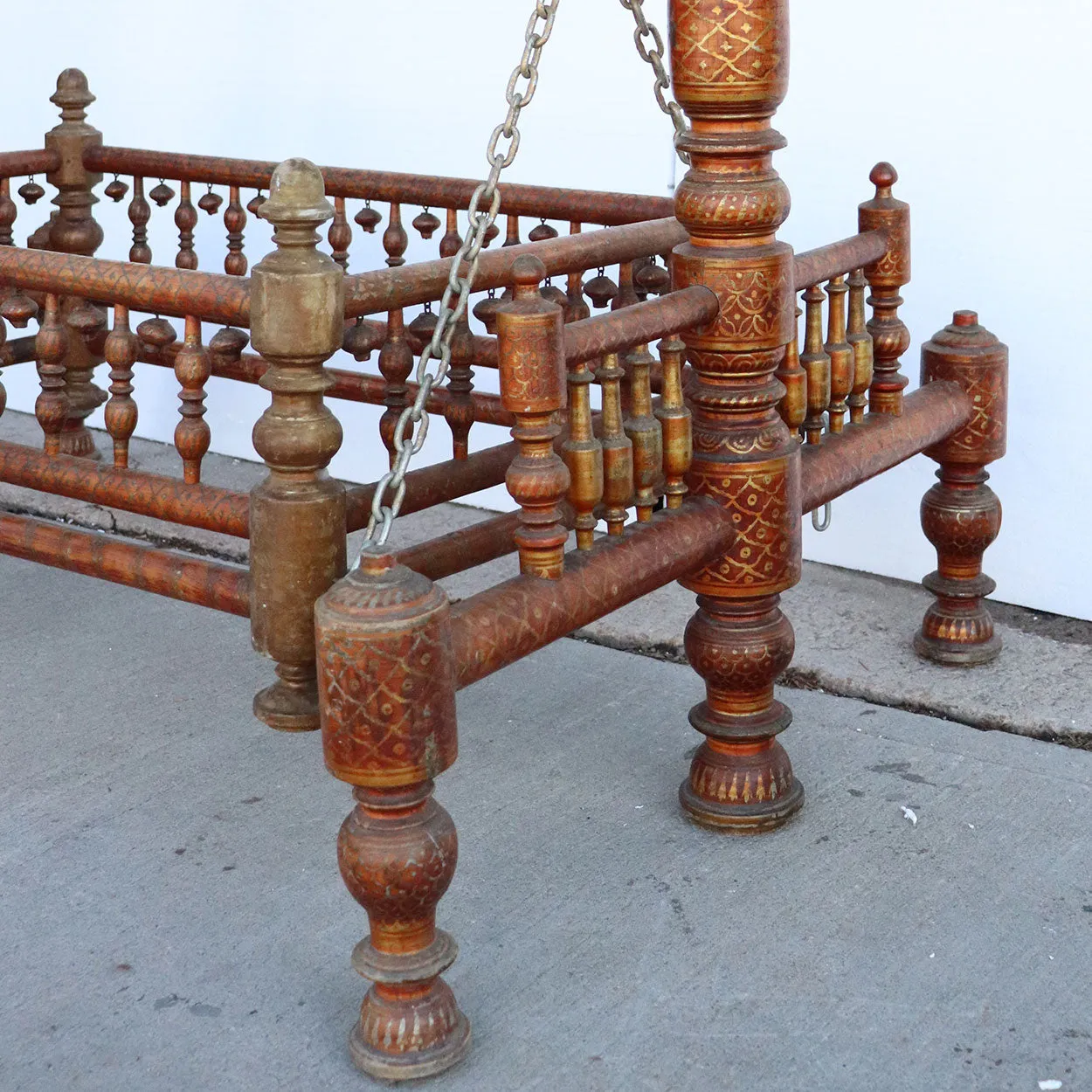 Indian Teak Gilt Decorated (Jhoula) Cradle (Palan) Shrine Swing