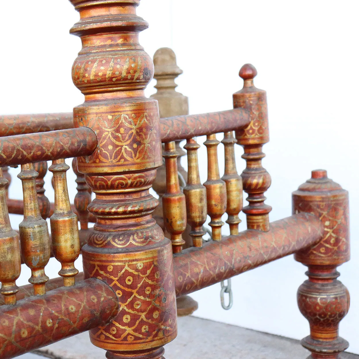 Indian Teak Gilt Decorated (Jhoula) Cradle (Palan) Shrine Swing
