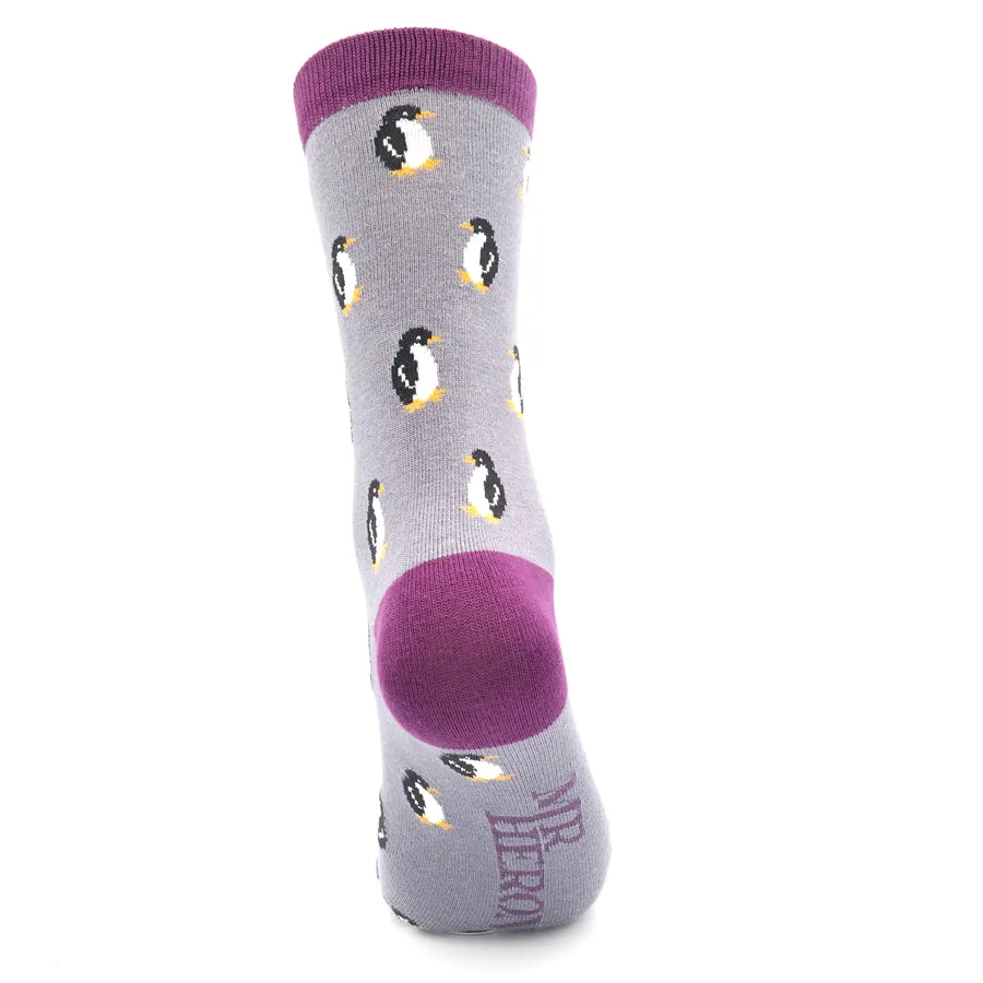 Little Penguins Bamboo Socks in Grey by Mr Heron, Size UK 7-11