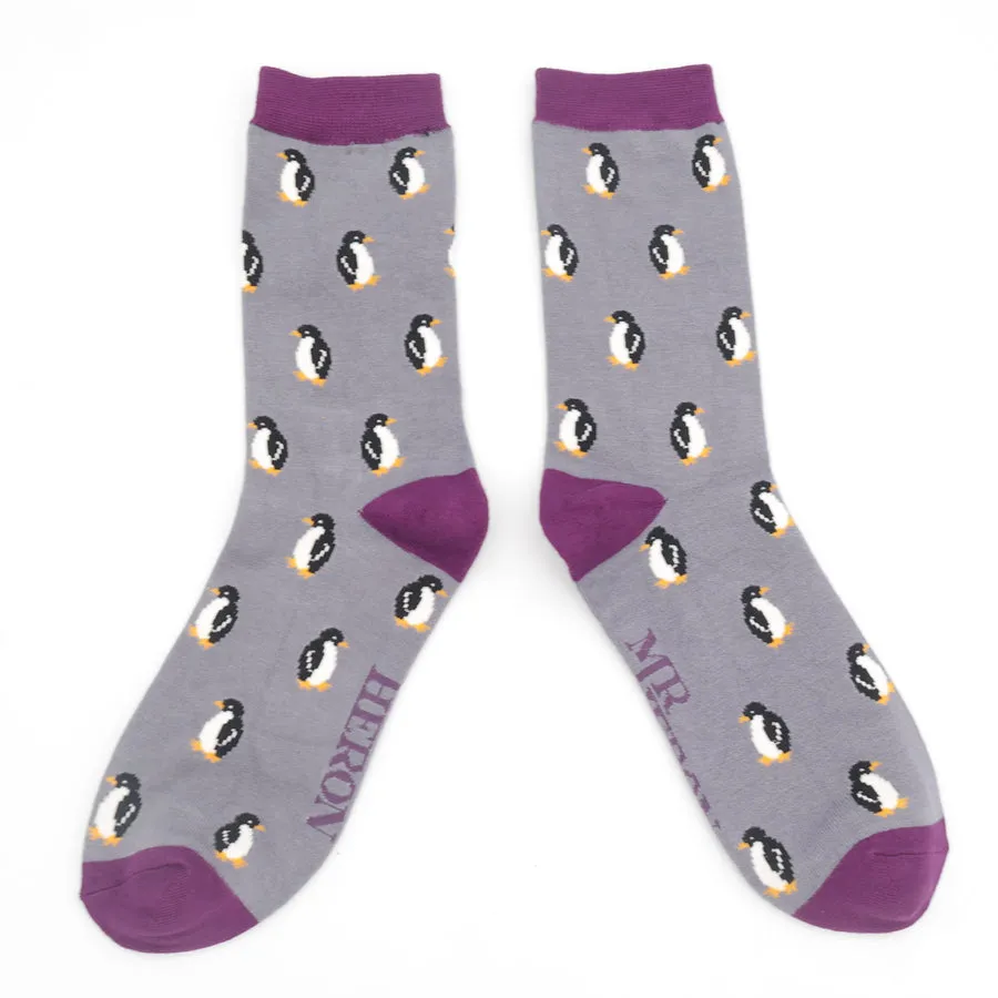 Little Penguins Bamboo Socks in Grey by Mr Heron, Size UK 7-11