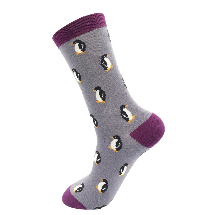 Little Penguins Bamboo Socks in Grey by Mr Heron, Size UK 7-11