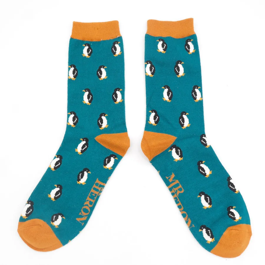 Little Penguins Bamboo Socks in Teal by Mr Heron, Size UK 7-11