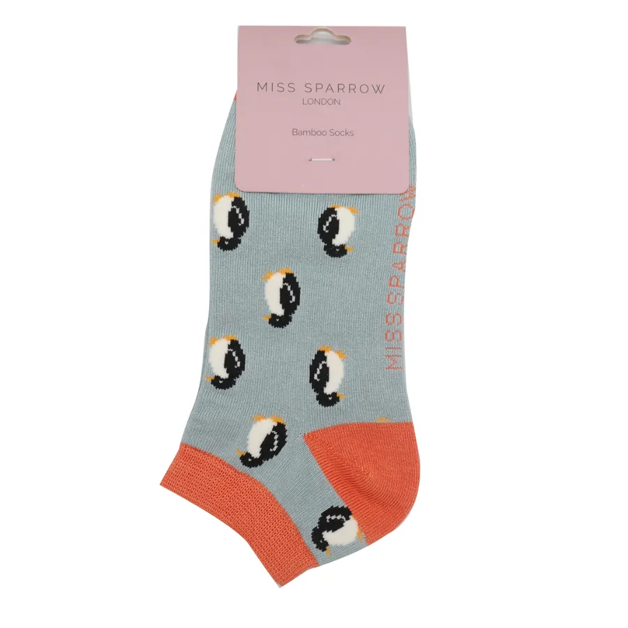 Little Penguins Bamboo Trainer Socks in Duck Egg by Miss Sparrow, Size UK 4-7