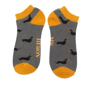 Little Sausage Dogs Bamboo Trainer Socks in Grey by Mr Heron, Size UK 7-11