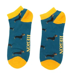 Little Sausage Dogs Bamboo Trainer Socks in Teal by Mr Heron, Size UK 7-11