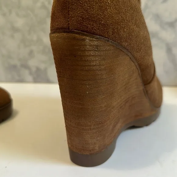 Michael Kors Thea brown caramel suede leather pull-on wedge bootie ankle boots