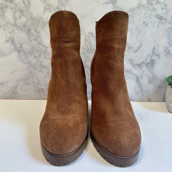 Michael Kors Thea brown caramel suede leather pull-on wedge bootie ankle boots