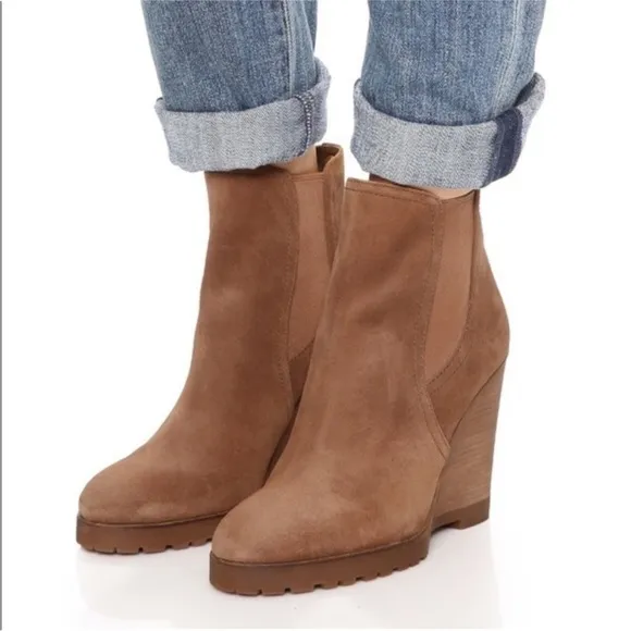Michael Kors Thea brown caramel suede leather pull-on wedge bootie ankle boots