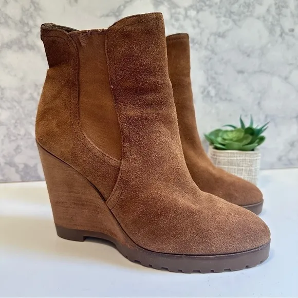 Michael Kors Thea brown caramel suede leather pull-on wedge bootie ankle boots