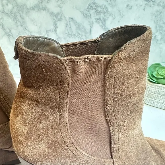 Michael Kors Thea brown caramel suede leather pull-on wedge bootie ankle boots