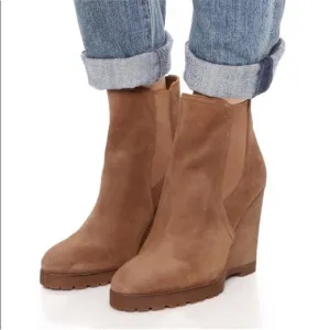 Michael Kors Thea brown caramel suede leather pull-on wedge bootie ankle boots