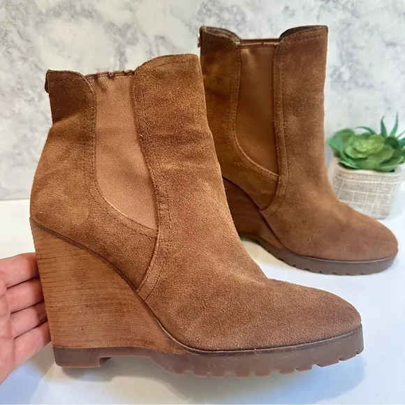 Michael Kors Thea brown caramel suede leather pull-on wedge bootie ankle boots