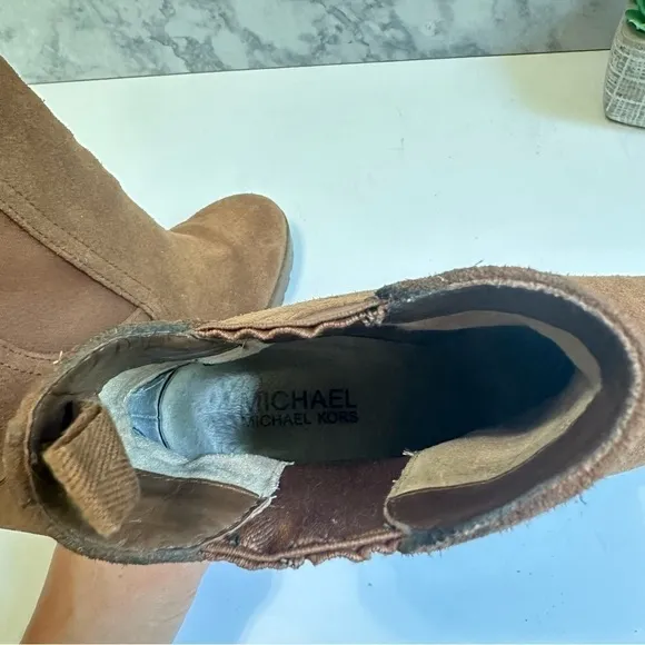 Michael Kors Thea brown caramel suede leather pull-on wedge bootie ankle boots