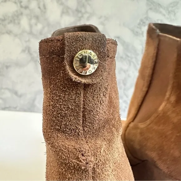 Michael Kors Thea brown caramel suede leather pull-on wedge bootie ankle boots