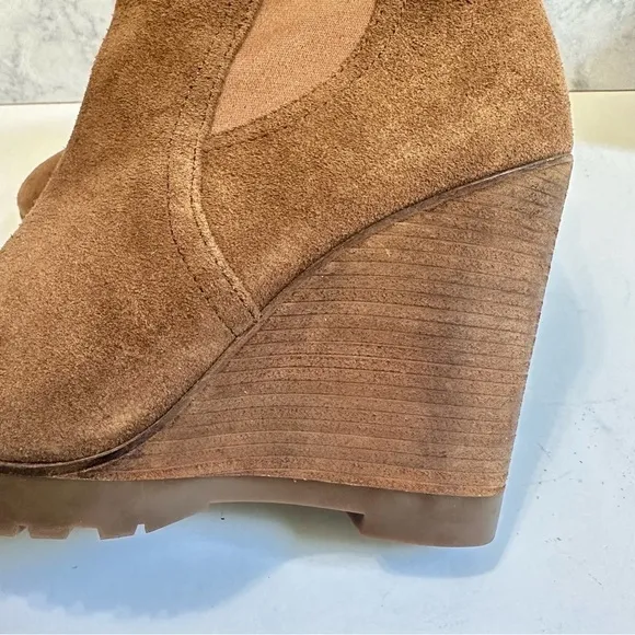 Michael Kors Thea brown caramel suede leather pull-on wedge bootie ankle boots