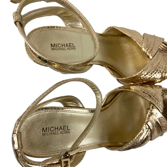 MICHAEL Michael Kors Womens 9 Selena Gold Snake Embossed Leather Platform Sandal