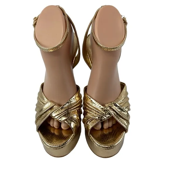 MICHAEL Michael Kors Womens 9 Selena Gold Snake Embossed Leather Platform Sandal