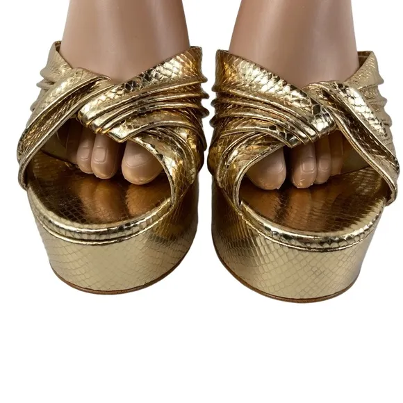 MICHAEL Michael Kors Womens 9 Selena Gold Snake Embossed Leather Platform Sandal