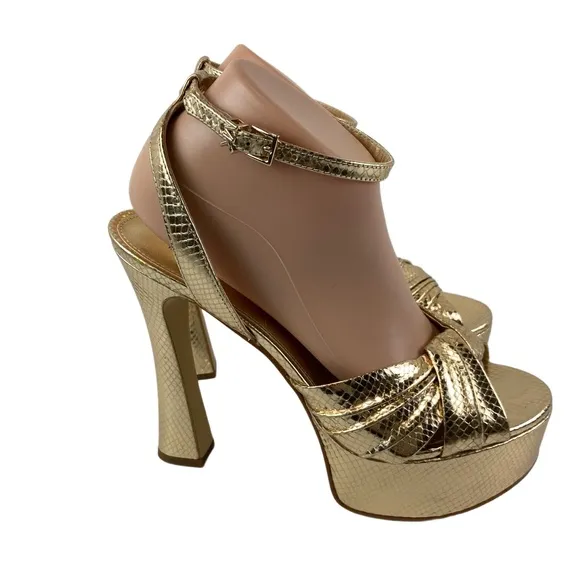 MICHAEL Michael Kors Womens 9 Selena Gold Snake Embossed Leather Platform Sandal