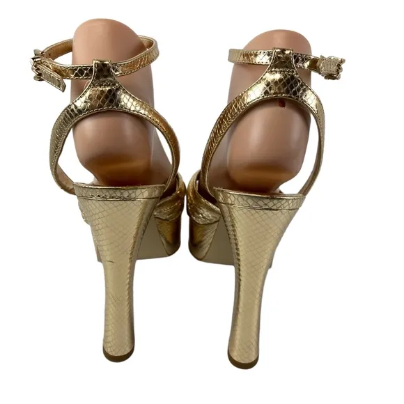 MICHAEL Michael Kors Womens 9 Selena Gold Snake Embossed Leather Platform Sandal