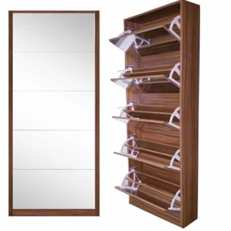 Mirror Shoe Cabinet 5 Tier Walnut