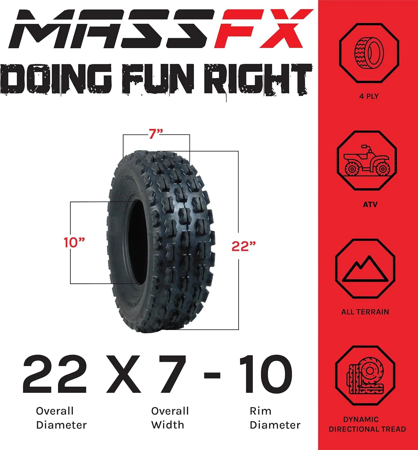 New MASSFX (2) 22x7x10 Sport ATV Tires 22x7-10 Front 2 Set 4 ply 22x7/10