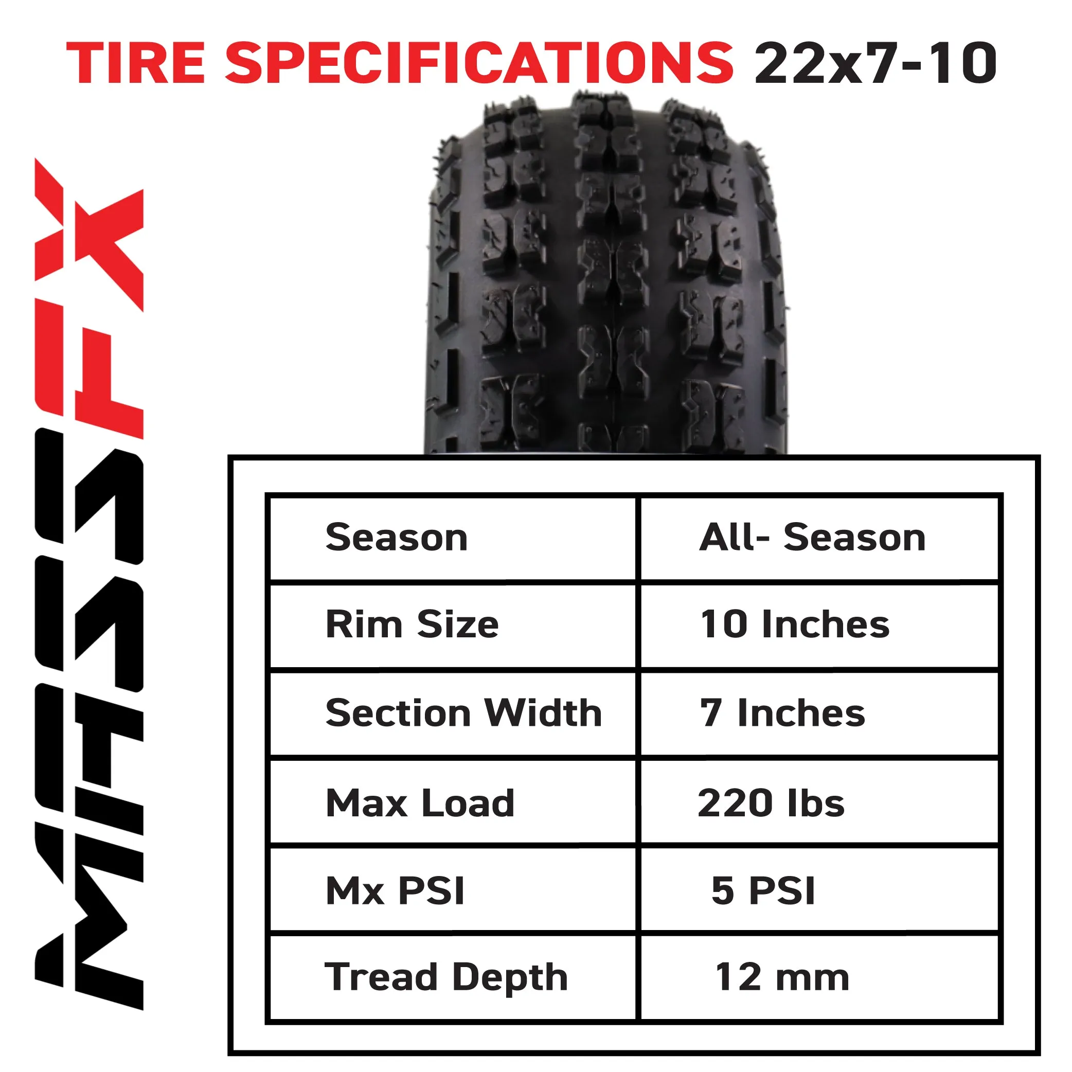 New MASSFX (2) 22x7x10 Sport ATV Tires 22x7-10 Front 2 Set 4 ply 22x7/10