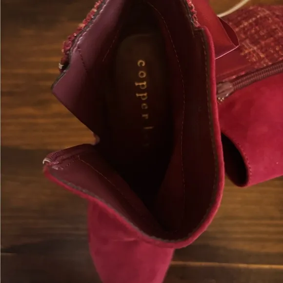 New without box Copper Key Curtsey Suede Tweed Bow Back Booties, burgundy,  7.5