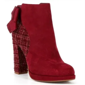 New without box Copper Key Curtsey Suede Tweed Bow Back Booties, burgundy,  7.5