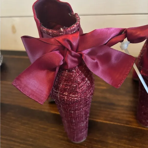 New without box Copper Key Curtsey Suede Tweed Bow Back Booties, burgundy,  7.5