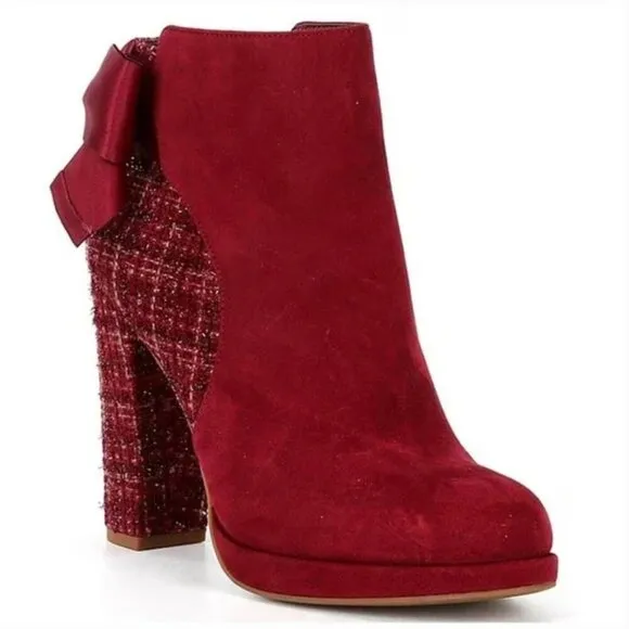 New without box Copper Key Curtsey Suede Tweed Bow Back Booties, burgundy,  7.5