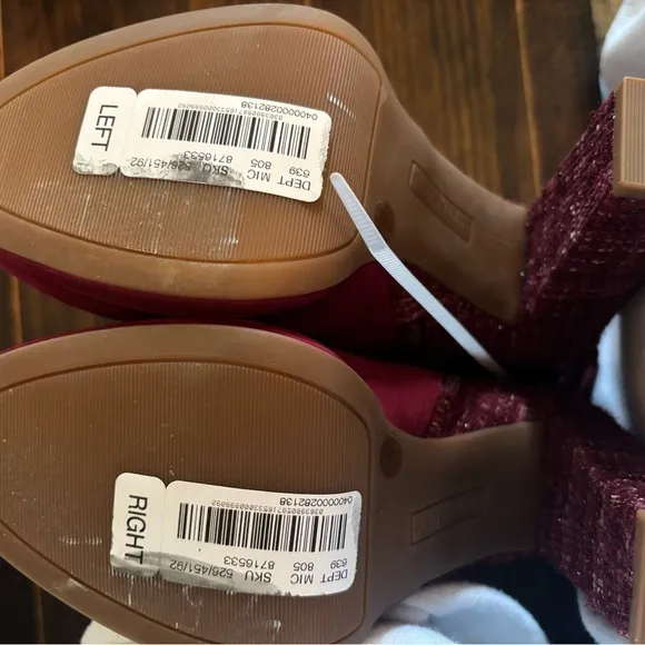 New without box Copper Key Curtsey Suede Tweed Bow Back Booties, burgundy,  7.5