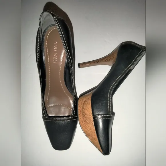 Nine West (Size 8) Black Leather &amp; Wood Grain Platform Business Career Heels