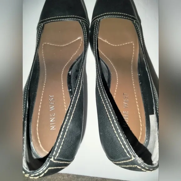 Nine West (Size 8) Black Leather &amp; Wood Grain Platform Business Career Heels
