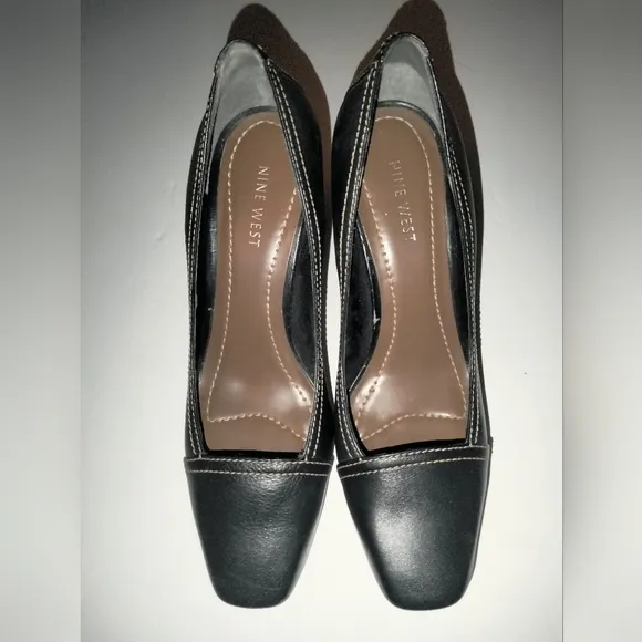 Nine West (Size 8) Black Leather &amp; Wood Grain Platform Business Career Heels