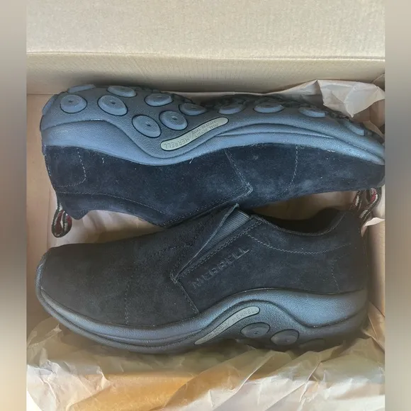 NWT Air Cushioned Merrell Mens Pull On Jungle Moc Black Midnight Nubuck - Size 9