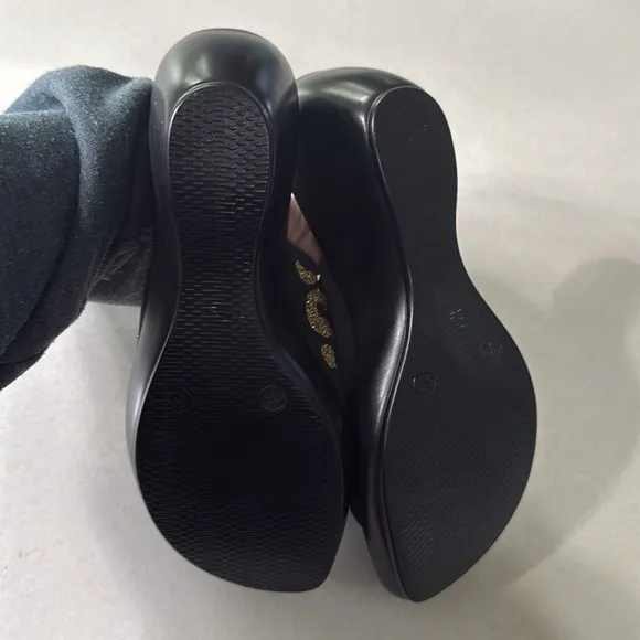 Onex Black &amp; Gold Leopard Print Rory Slide Wedge EUR Size 39 US Size 8.5-9