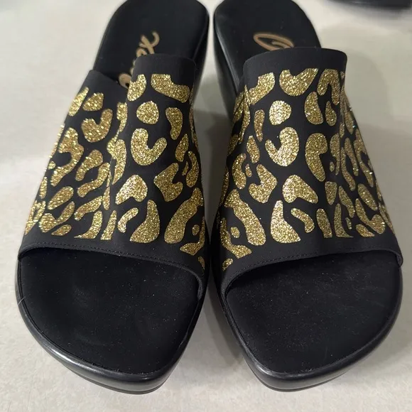 Onex Black &amp; Gold Leopard Print Rory Slide Wedge EUR Size 39 US Size 8.5-9
