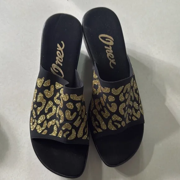 Onex Black &amp; Gold Leopard Print Rory Slide Wedge EUR Size 39 US Size 8.5-9