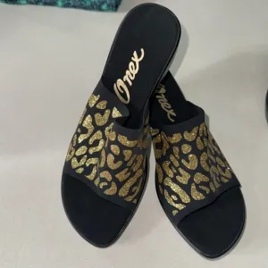 Onex Black &amp; Gold Leopard Print Rory Slide Wedge EUR Size 39 US Size 8.5-9