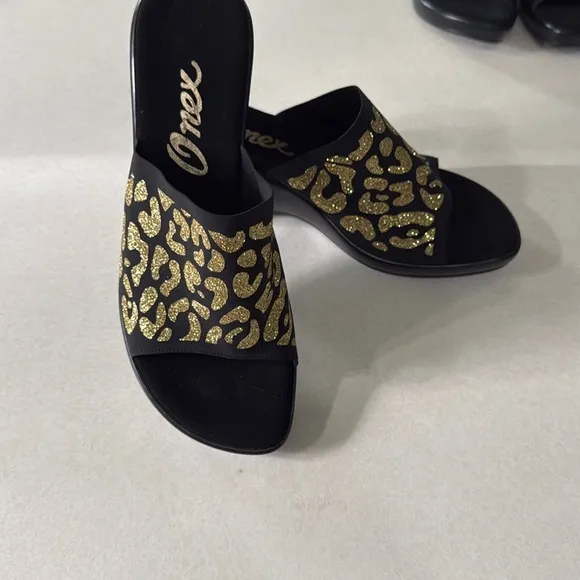 Onex Black &amp; Gold Leopard Print Rory Slide Wedge EUR Size 39 US Size 8.5-9