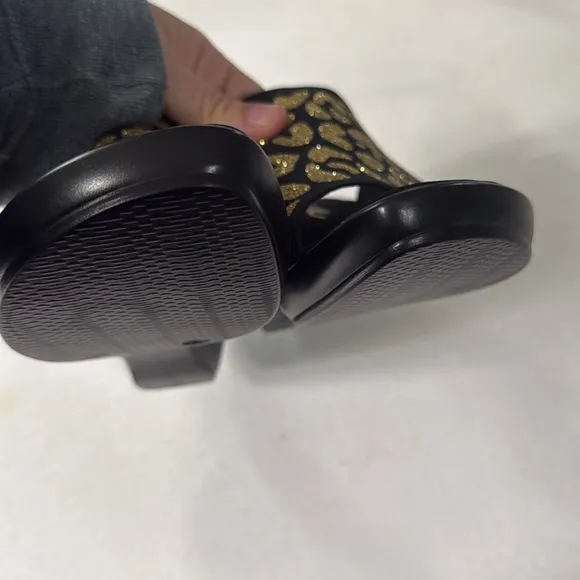 Onex Black &amp; Gold Leopard Print Rory Slide Wedge EUR Size 39 US Size 8.5-9