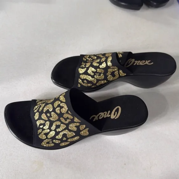 Onex Black &amp; Gold Leopard Print Rory Slide Wedge EUR Size 39 US Size 8.5-9