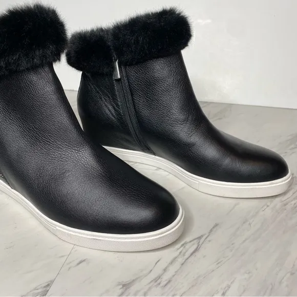 Paolo Flossie Black Faux Fur Cuff Hidden Wedge Bootie 11M