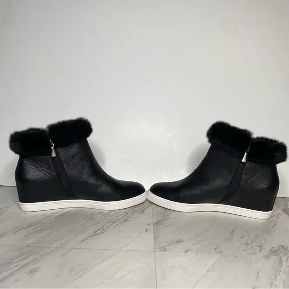 Paolo Flossie Black Faux Fur Cuff Hidden Wedge Bootie 11M