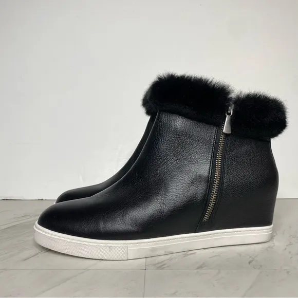 Paolo Flossie Black Faux Fur Cuff Hidden Wedge Bootie 11M